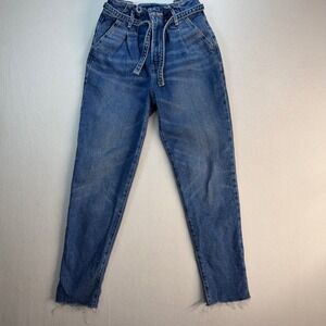 Hollister Ultra High Rise Mom Jeans Blue Paperbag Waist Tie Belt Size 1R W25 L27